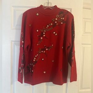 Red Floral Embroidered Turtleneck Sweater
